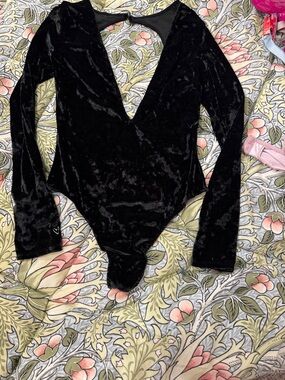 Victoria's Secret Black Velvet Deep V Long-Sleeve Bodysuit